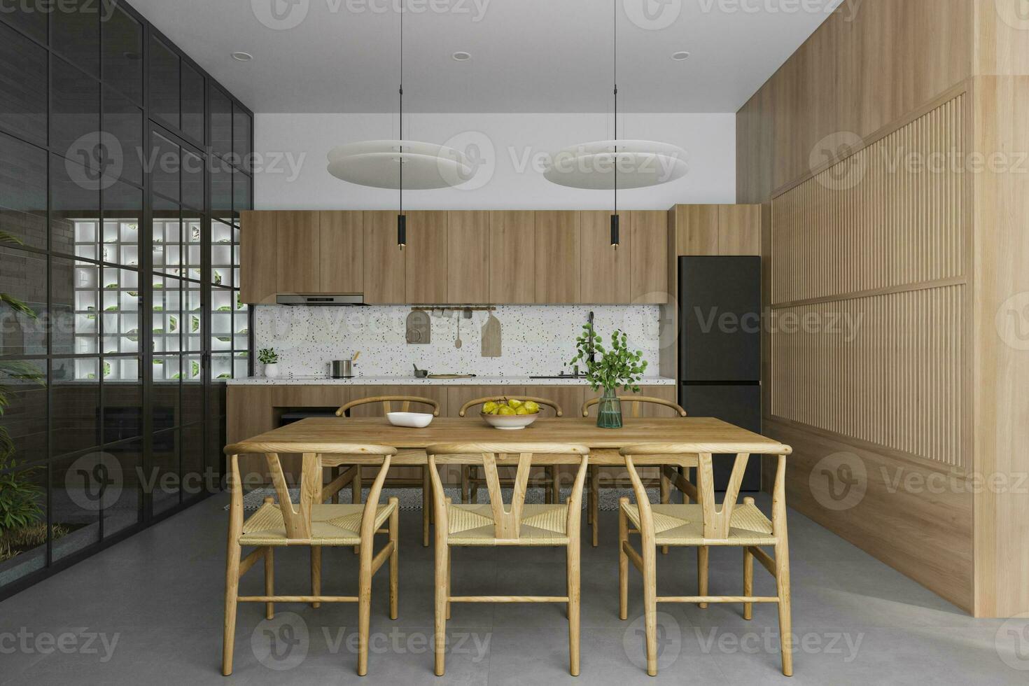 minimalista jantar porra aberto cozinha interior Projeto com de madeira mobiliário. casa decoração 3d Renderização foto