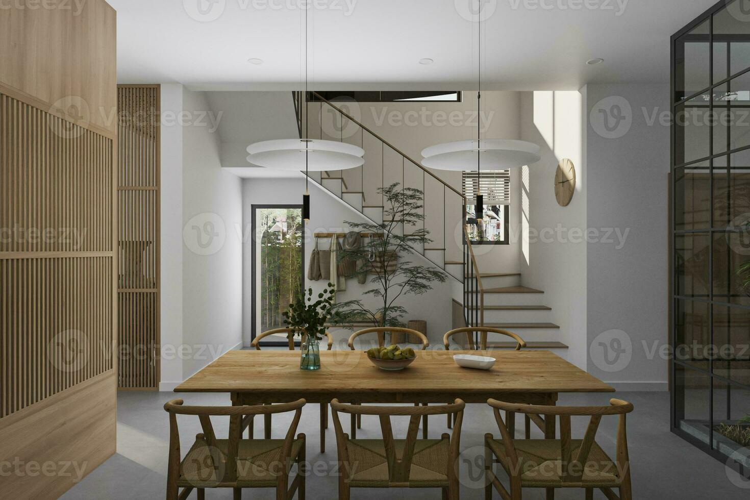 minimalista jantar Visão No geral pode Vejo escadaria, vestíbulo espaço interior com de madeira mobiliário. casa decoração 3d Renderização foto