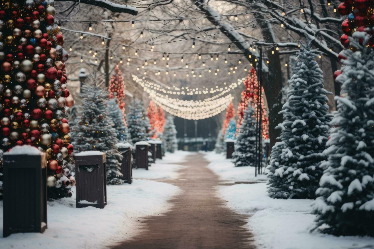 inverno Nevado rua com Natal árvores decorado com guirlandas e Natal árvore decorações dentro desfocado. Natal exterior dentro a americano estilo. foto