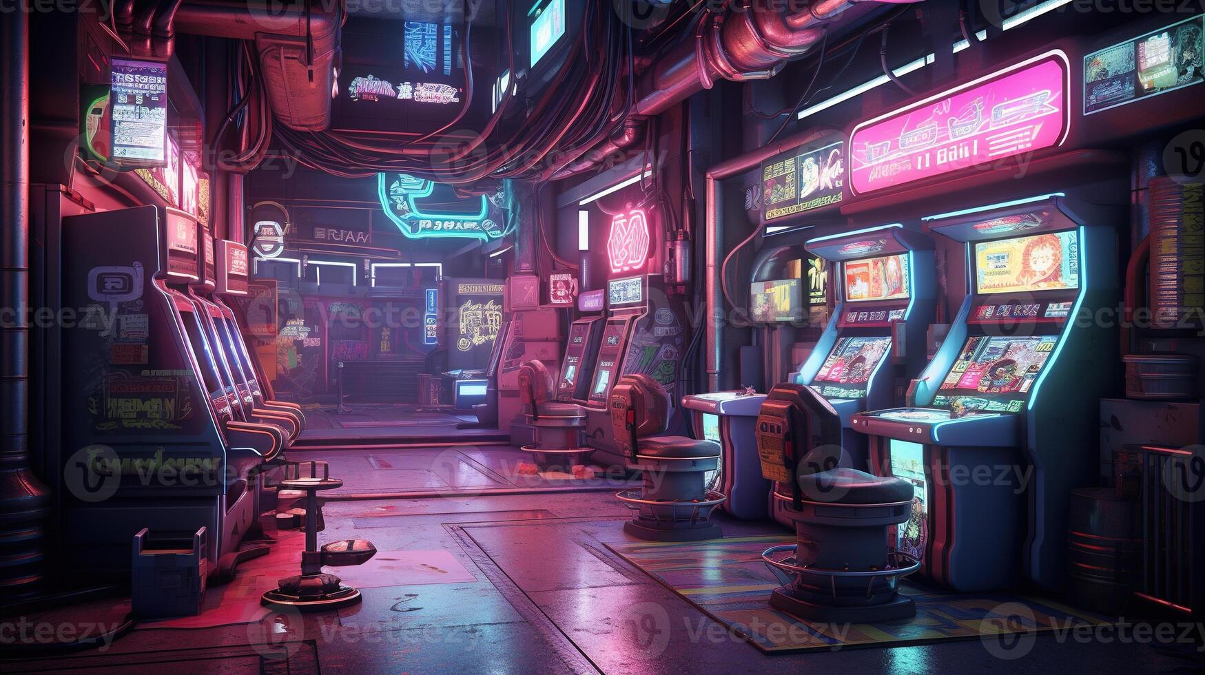 generativo ai, cyberpunk estilo jogos Barra ou cafeteria. noite cena do grande cidade, futurista nostálgico anos 80, anos 90. néon luzes vibrante cores, fotorrealista horizontal foto