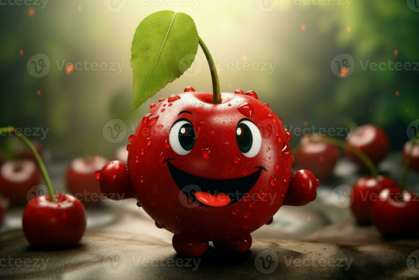 peculiar engraçado cereja personagem. sorridente fruta arte foto