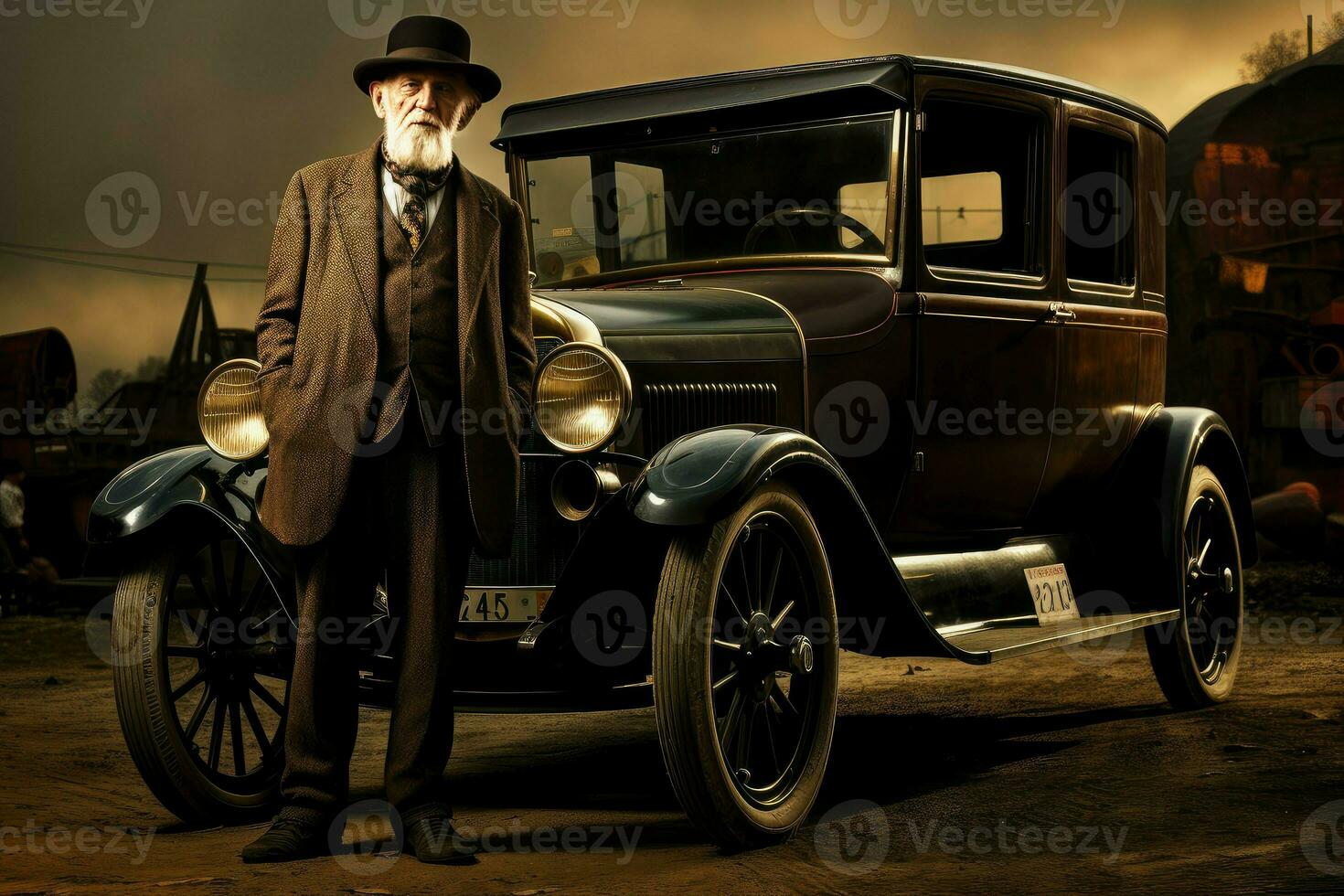 elegante americano homem perto vintage carro. gerar ai foto