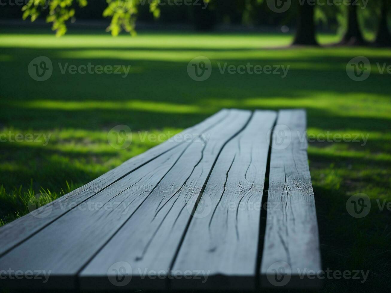 de madeira mesa e borrão tropical verde Relva fundo, produtos exibição montagem. Alto qualidade foto 8k fhd ai gerado