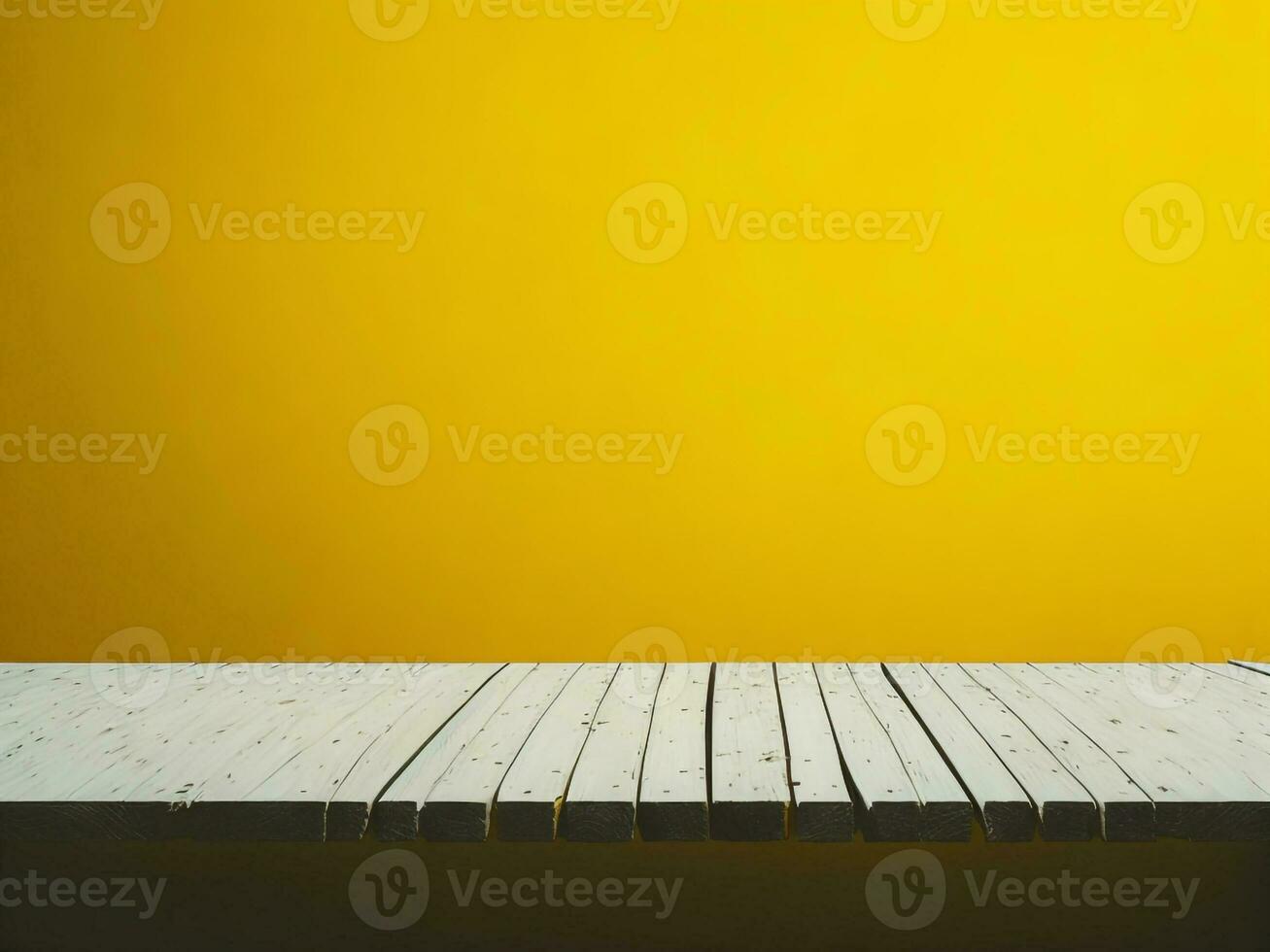 de madeira mesa e borrão tropical amarelo cor fundo, produtos exibição montagem. Alto qualidade foto 8k fhd ai gerado