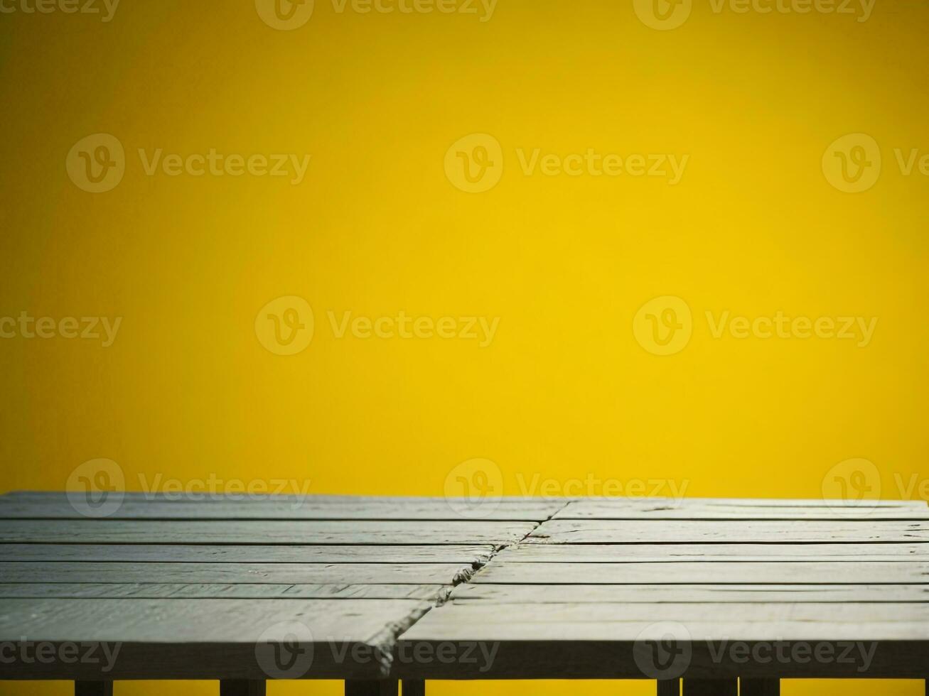 de madeira mesa e borrão tropical amarelo cor fundo, produtos exibição montagem. Alto qualidade foto 8k fhd ai gerado