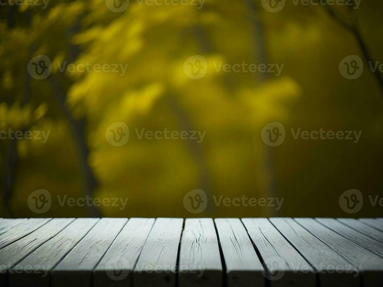 de madeira mesa e borrão tropical amarelo cor fundo, produtos exibição montagem. Alto qualidade foto 8k fhd ai gerado