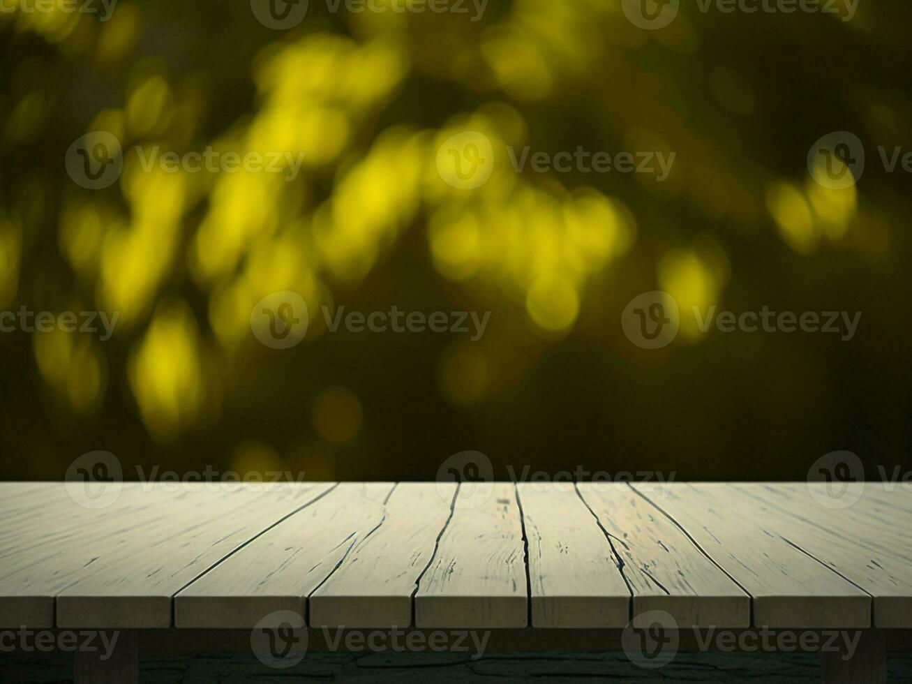 de madeira mesa e borrão tropical amarelo cor fundo, produtos exibição montagem. Alto qualidade foto 8k fhd ai gerado