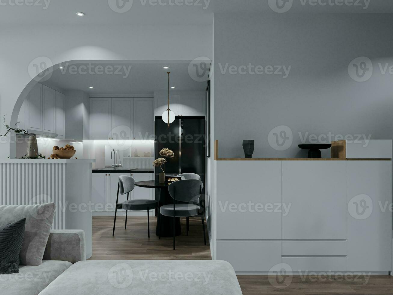 moderno casa interior Projeto com elegância branco aberto cozinha porra vivo espaço 3d Renderização foto