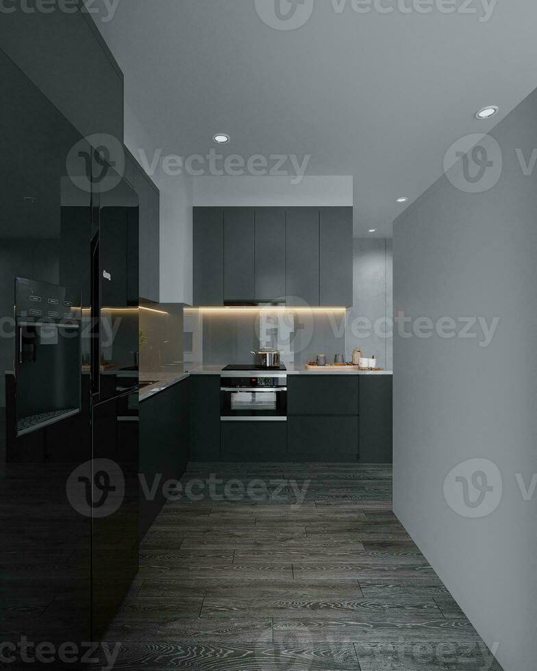 cozinha dentro Novo luxo casa com quartzo cozinha interior, madeira pisos, Sombrio madeira armários 3d Renderização foto