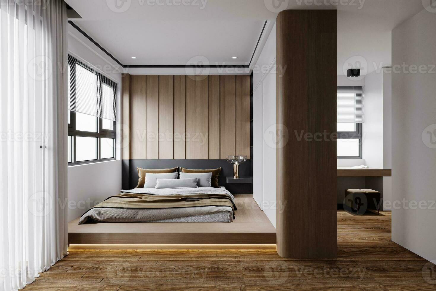 delicioso cama quarto interior com pop cor, de madeira chão, inteligente obra de arte 3d Renderização foto