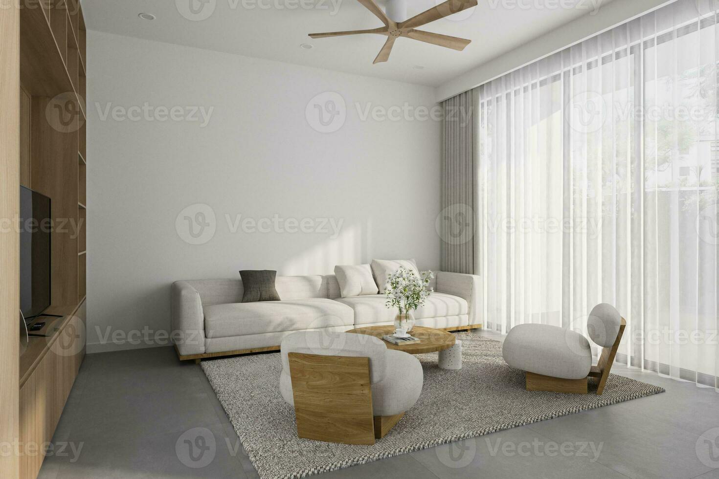 interior seu vivo espaço com uma minimalismo estilo, branco e de madeira mobília 3d Renderização foto
