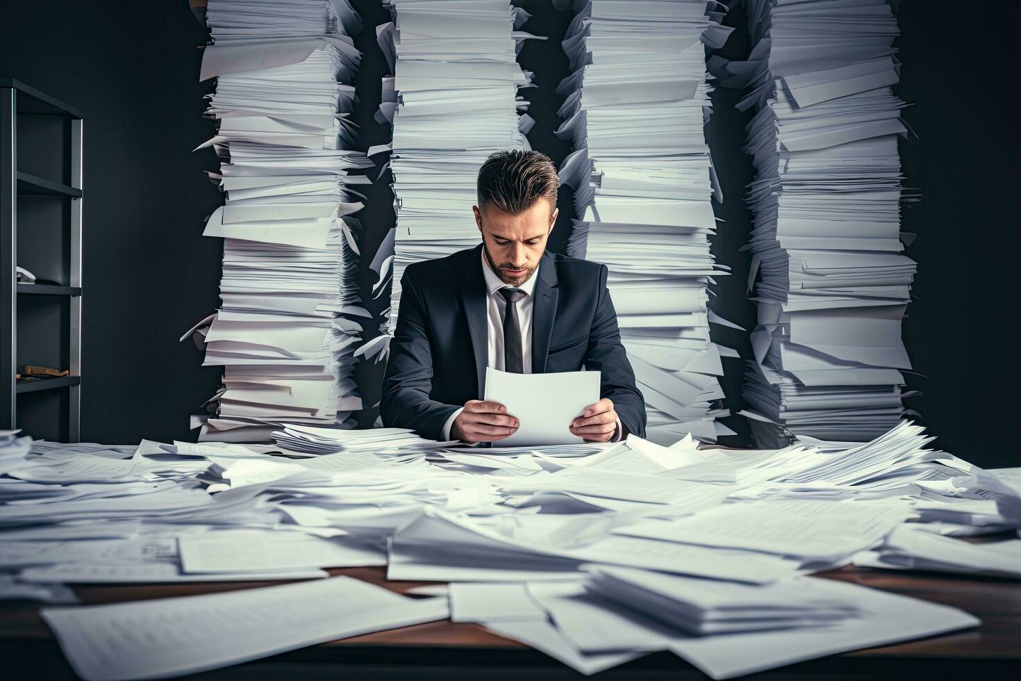 homem de negocios é sentado às dele trabalhando Lugar, colocar com pilhas do papéis, pessoa de negócios papelada Nota local de trabalho dados, ai gerado foto