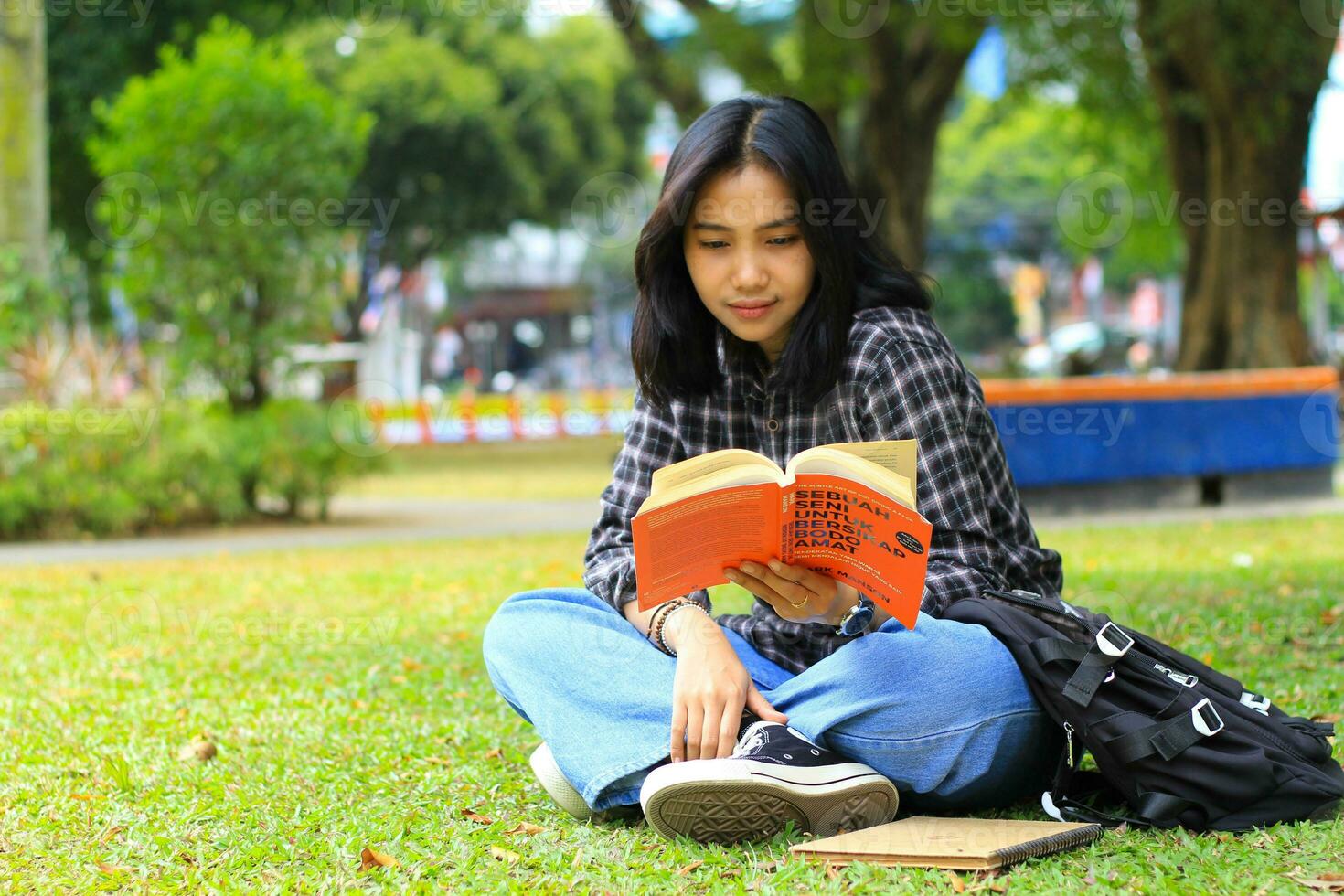 feliz e sucesso fêmea ásia Faculdade aluna desfrutando ler uma livro dentro a parque foto