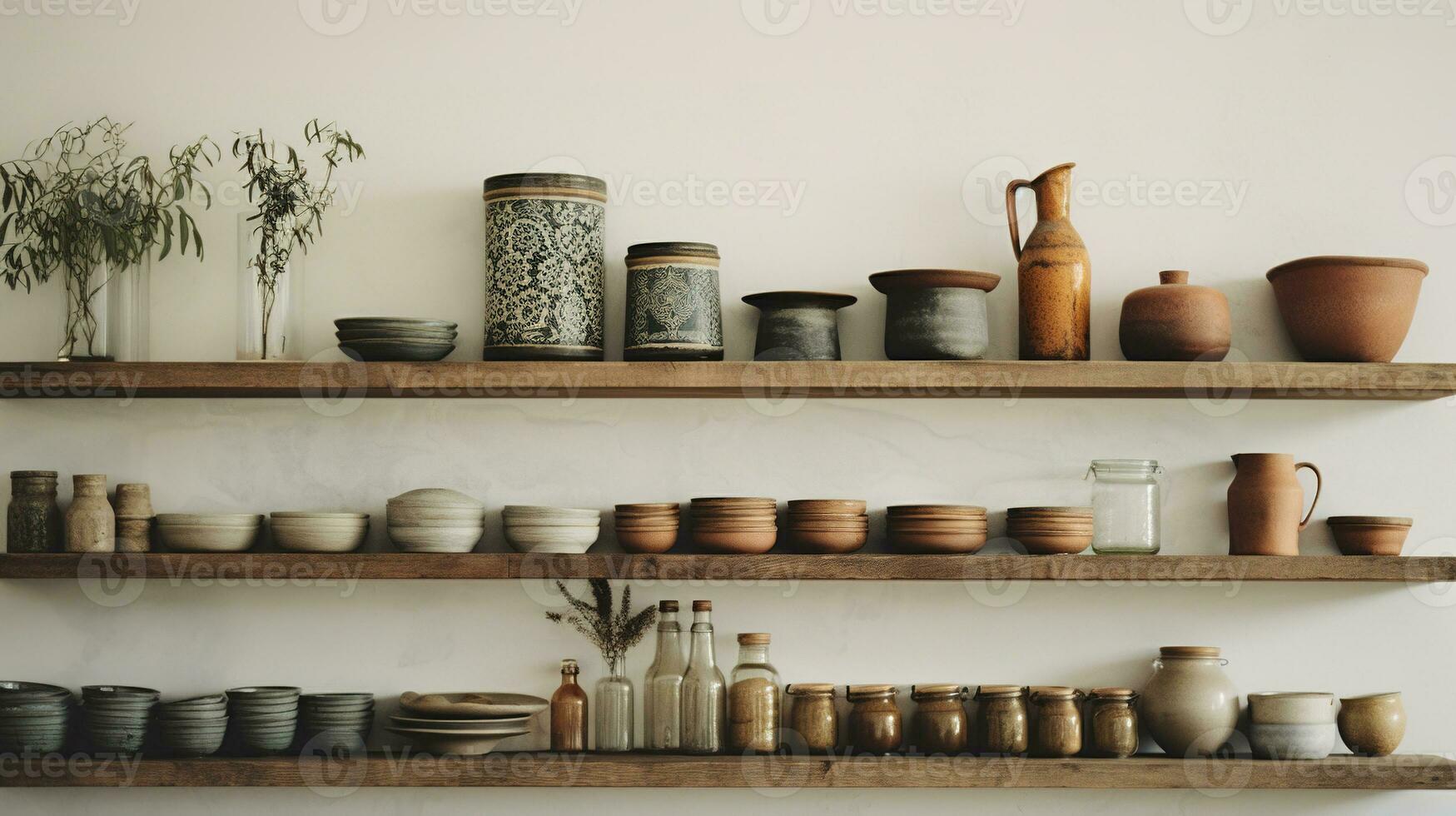 generativo ai, cozinha interior, minimalista japonês wabi sabi estilo, silenciado natural neutro cores foto