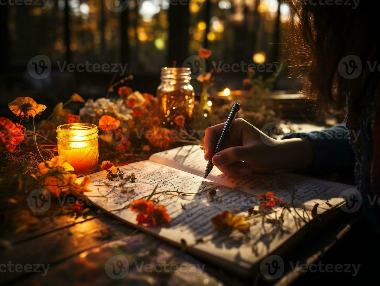 uma fechar-se do uma pessoas mão segurando uma caneta, escrevendo dentro uma viagem Diário generativo ai foto