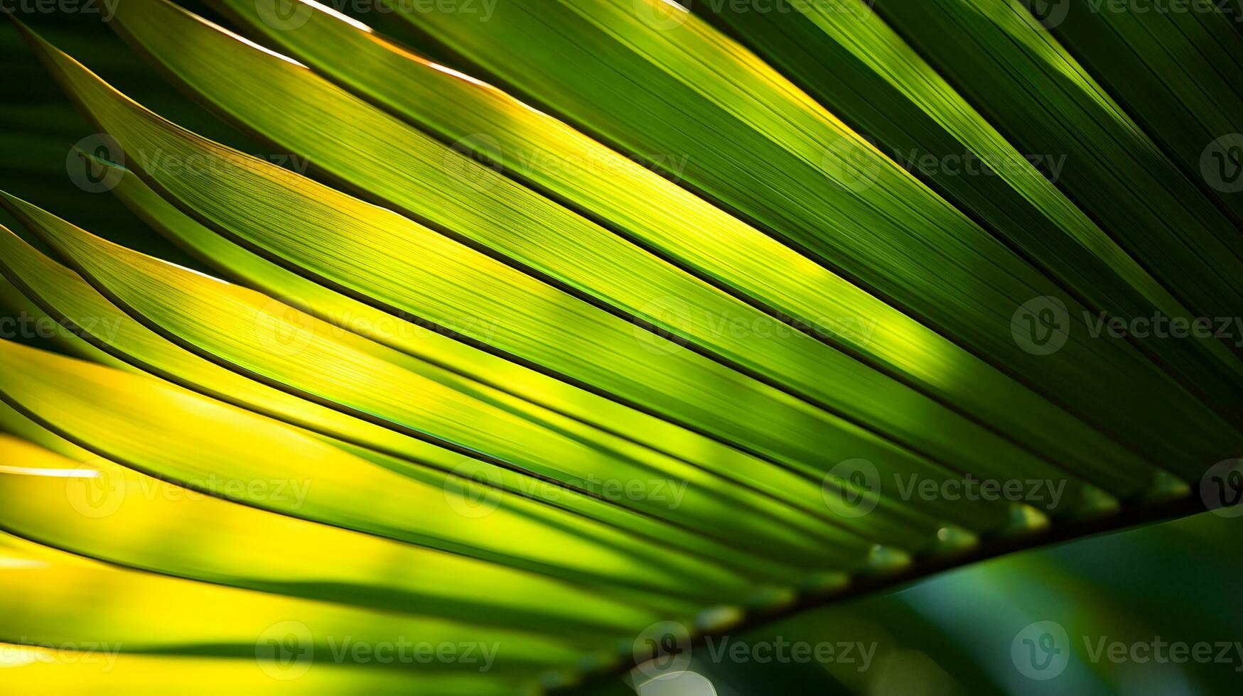 verde Palma folha fechar acima fundo com Sol luz e bokeh foto
