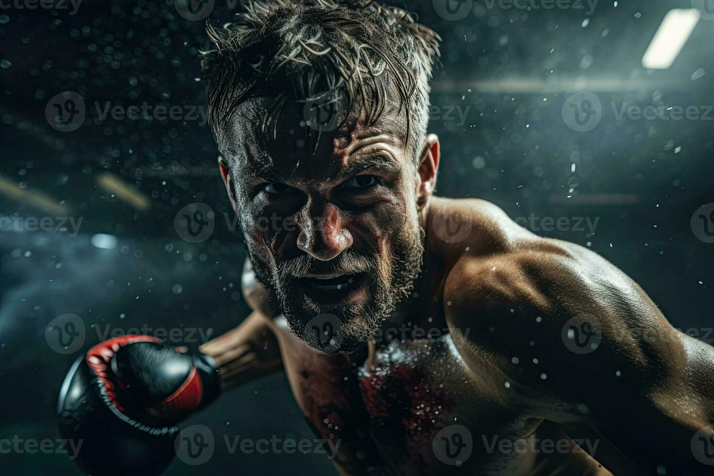 retrato do uma profissional boxer dentro uma brigando pose ai generativo foto