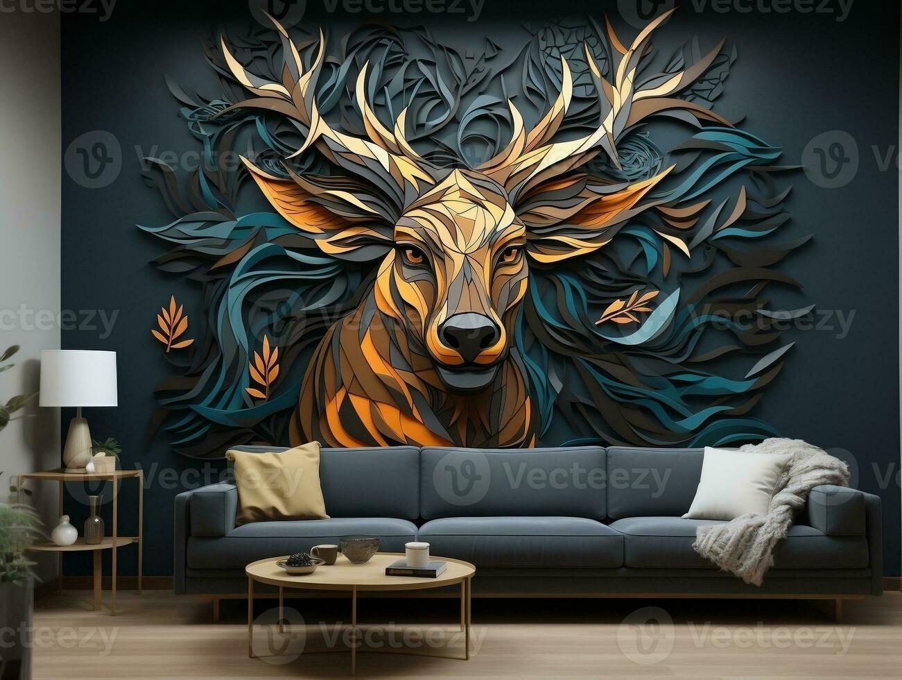 abstrato moderno 3d interior mural parede arte Sombrio verde e dourado floresta árvores, veado animal animais selvagens com pássaros, dourado lua, e ondas montanhas generativo ai foto