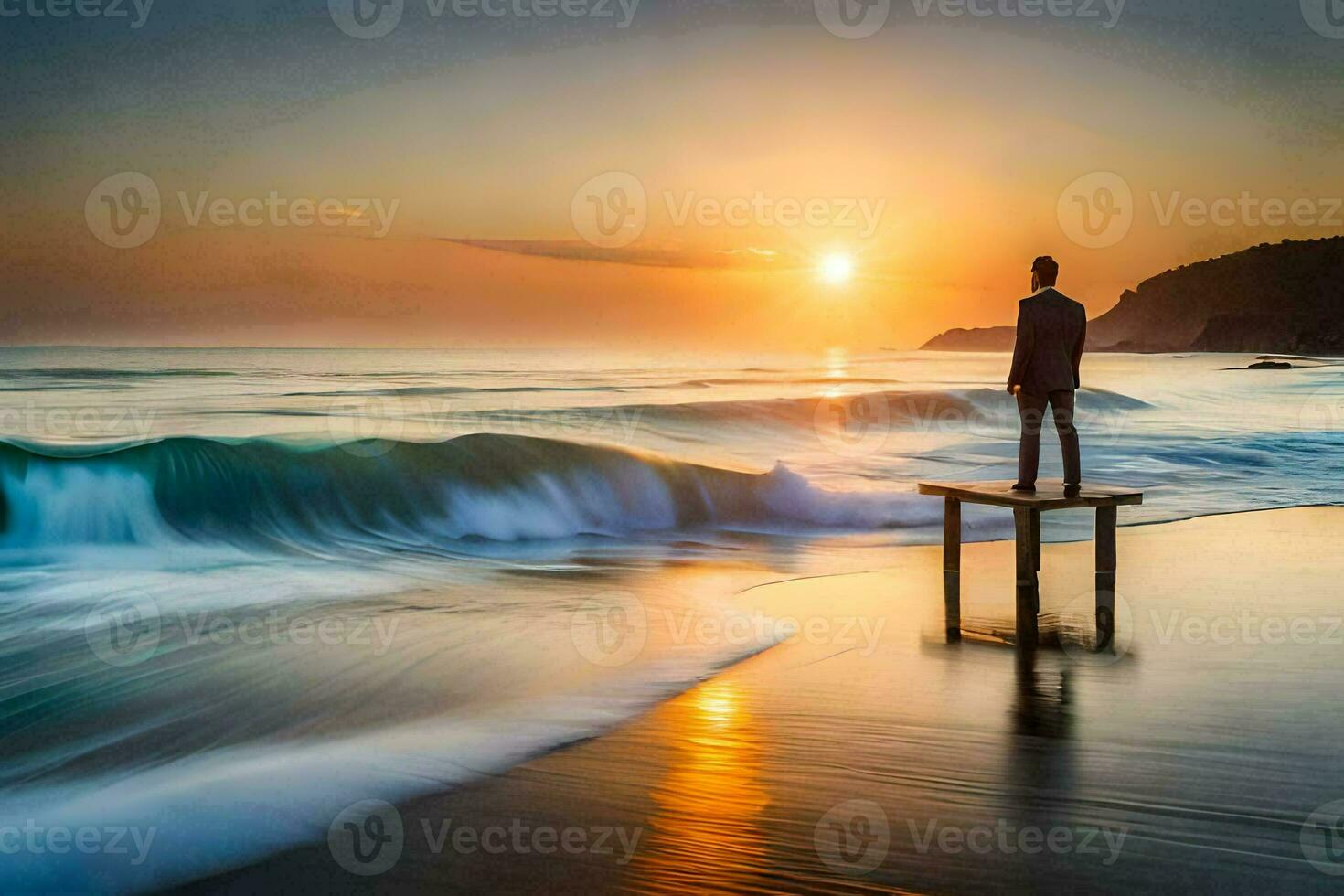 uma homem carrinhos em uma de madeira cais às pôr do sol. gerado por IA foto