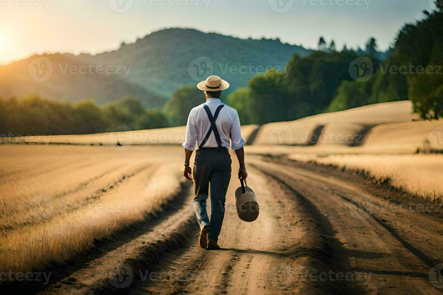 uma homem dentro uma chapéu e suspensórios caminhando baixa uma sujeira estrada. gerado por IA foto