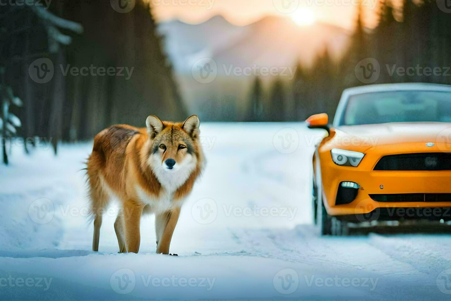 uma Lobo e uma vau mustang dentro a neve. gerado por IA foto