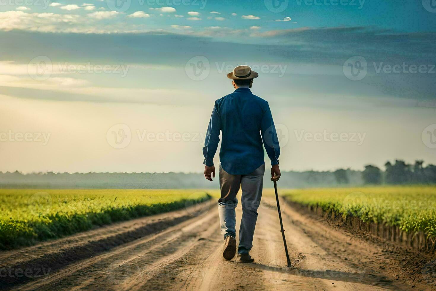 uma homem caminhando em uma sujeira estrada com uma bengala. gerado por IA foto