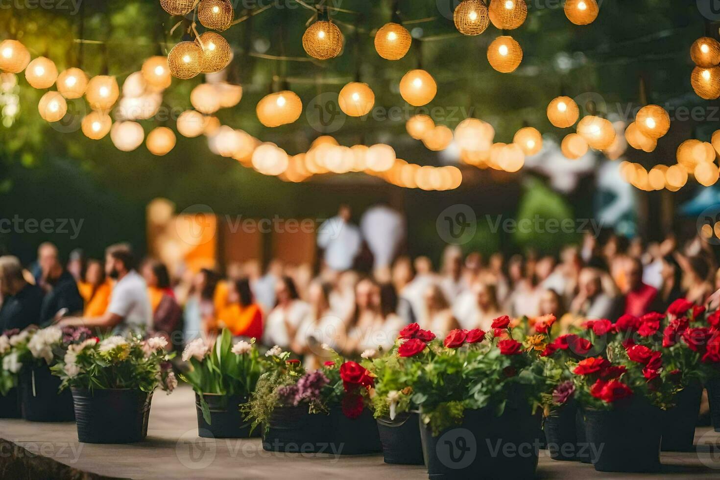 uma Casamento cerimônia com pessoas sentado dentro cadeiras e flores gerado por IA foto