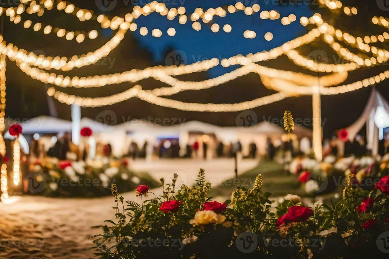 uma Casamento recepção com luzes amarrado através a chão. gerado por IA foto