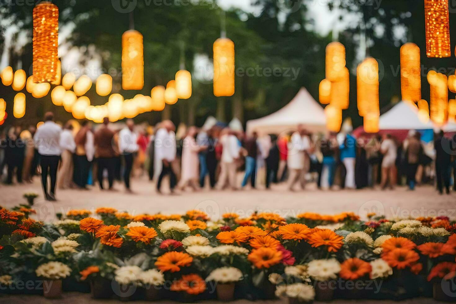 pessoas caminhando através uma campo com flores e lanternas. gerado por IA foto