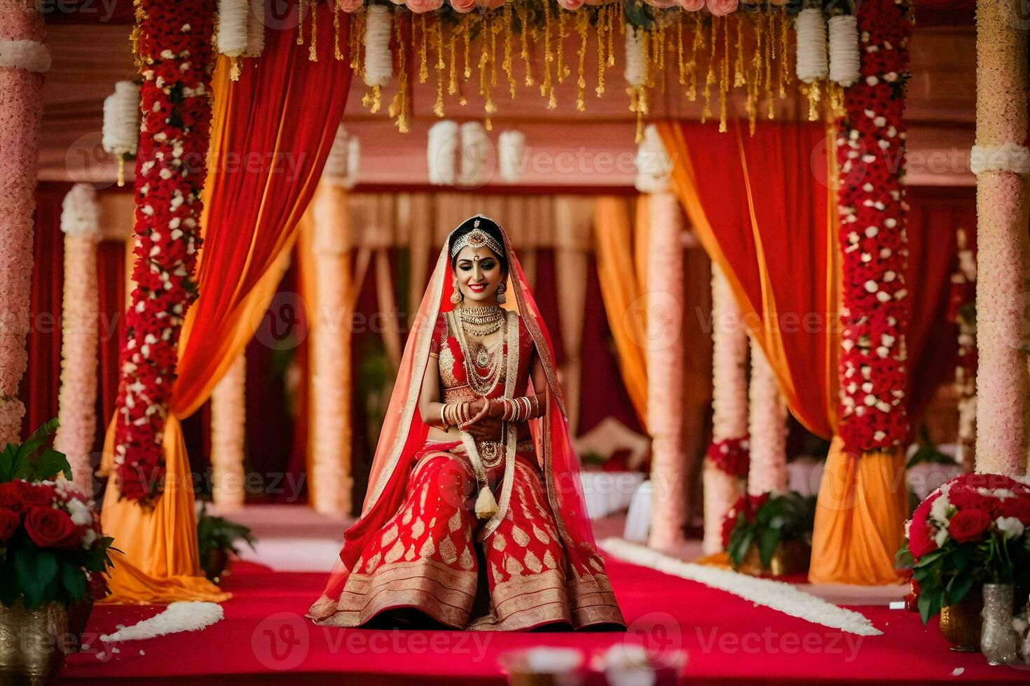 uma lindo noiva dentro vermelho e ouro. gerado por IA foto