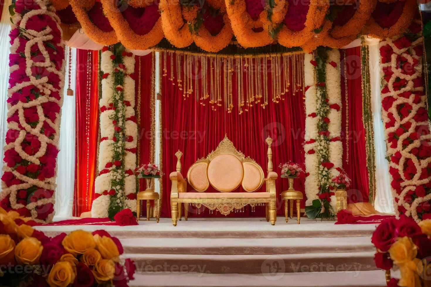 uma Casamento cerimônia com vermelho e ouro decorações. gerado por IA foto