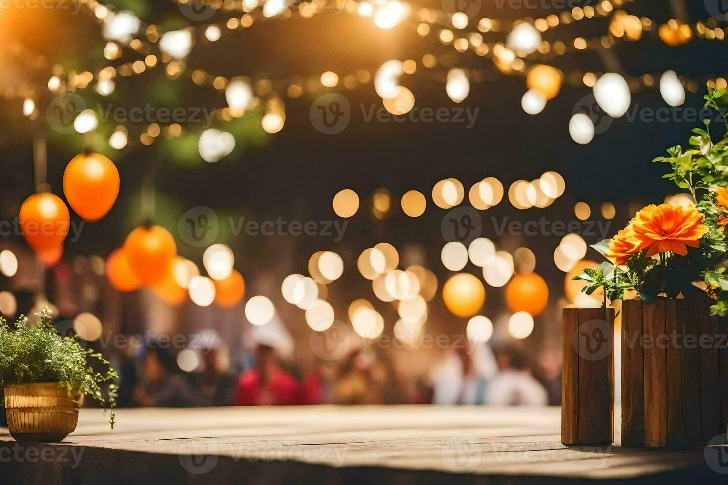 uma mesa com flores e velas dentro frente do uma multidão. gerado por IA foto