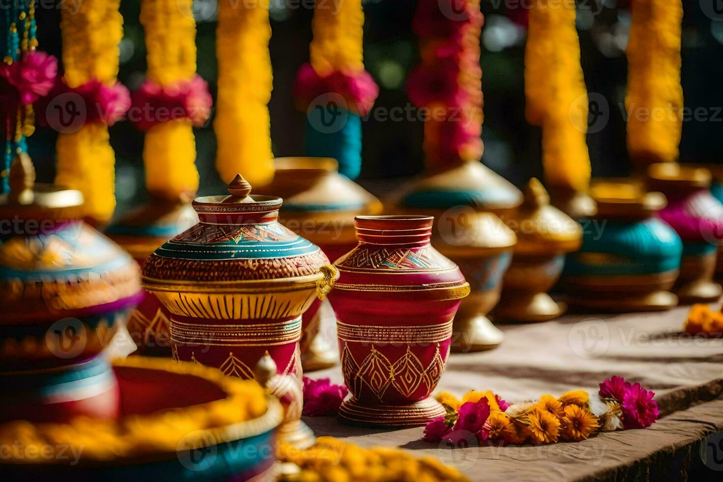 indiano Casamento decoração com colorida panelas e guirlandas. gerado por IA foto