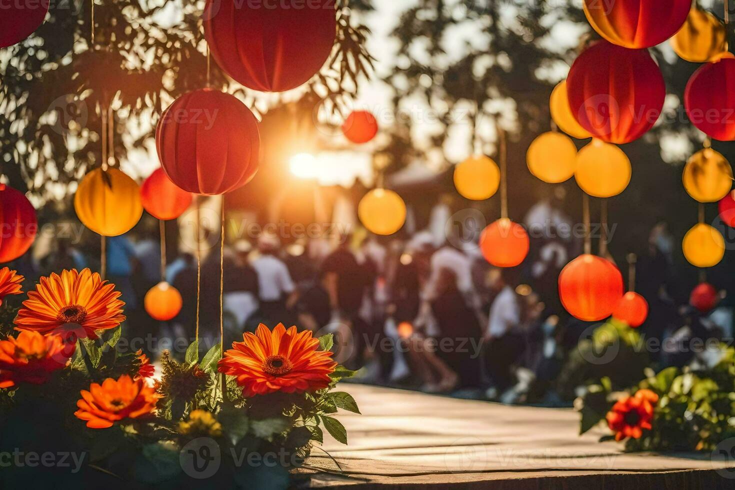 vermelho e laranja lanternas suspensão a partir de árvores gerado por IA foto