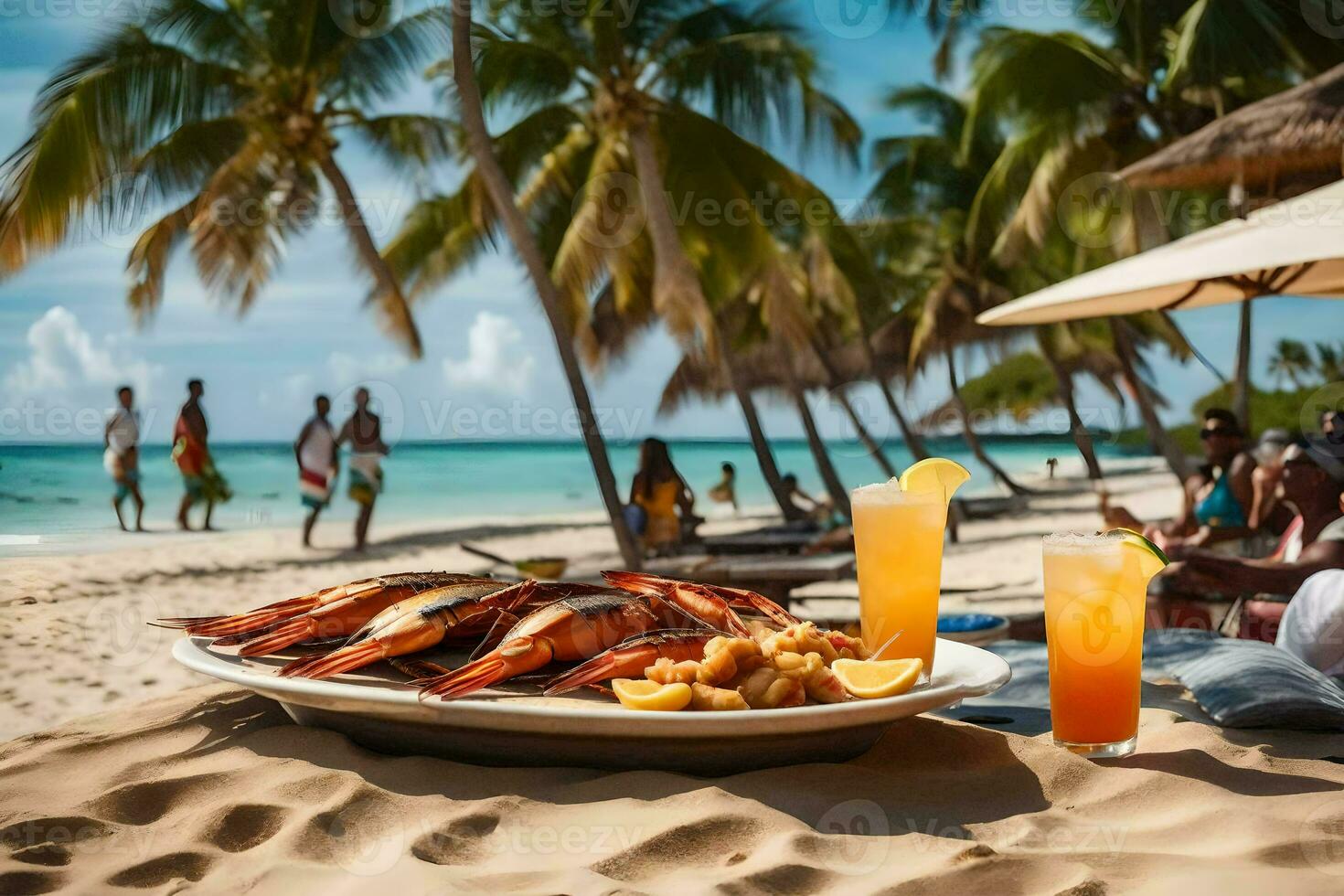 uma prato do frutos do mar em uma de praia com bebidas. gerado por IA foto