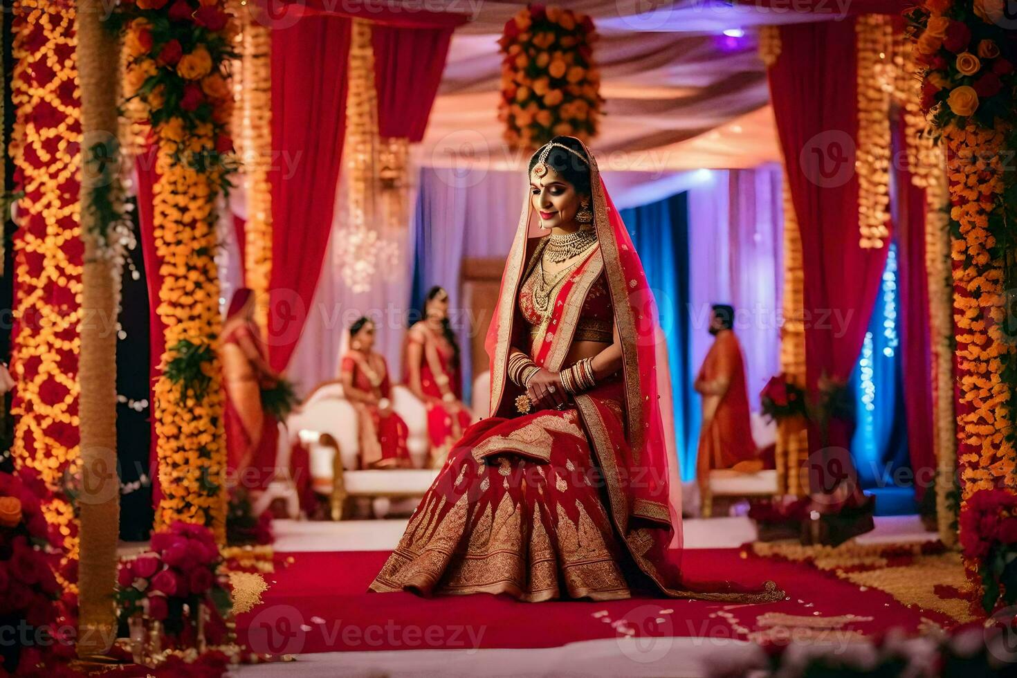 uma lindo noiva dentro vermelho e ouro às dela casamento. gerado por IA foto