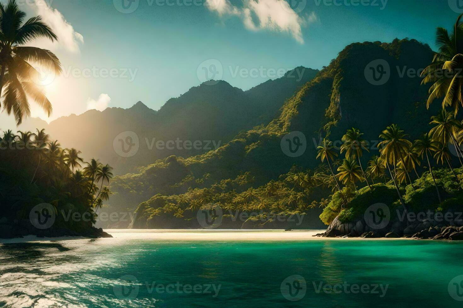 tropical ilha com Palma árvores e montanhas. gerado por IA foto