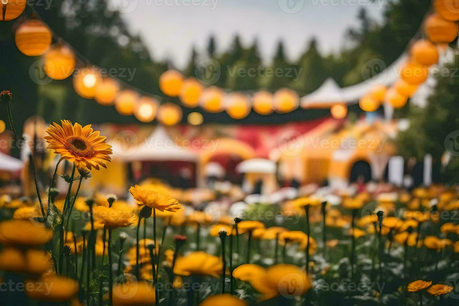 amarelo flores dentro uma campo com uma barraca dentro a fundo. gerado por IA foto
