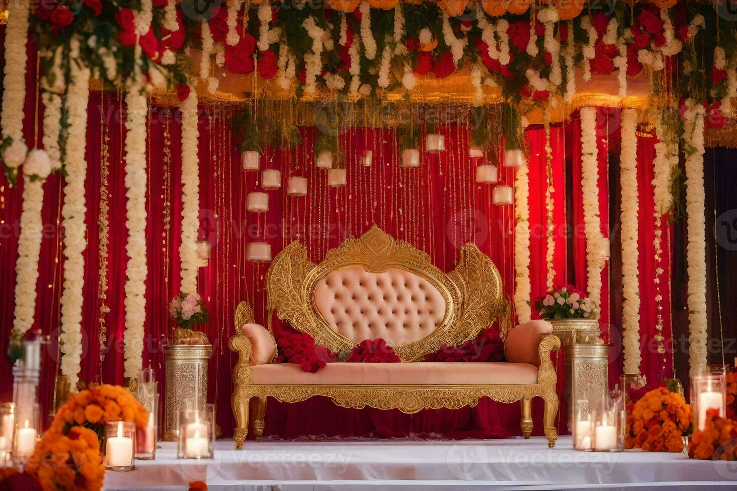 a indiano Casamento etapa decorado com vermelho e ouro. gerado por IA foto