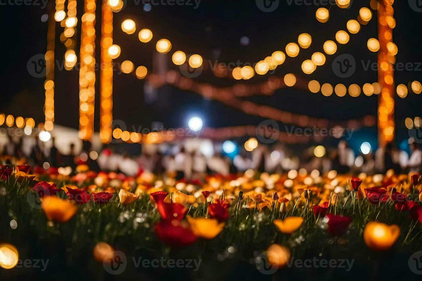 uma campo do flores às noite com luzes. gerado por IA foto