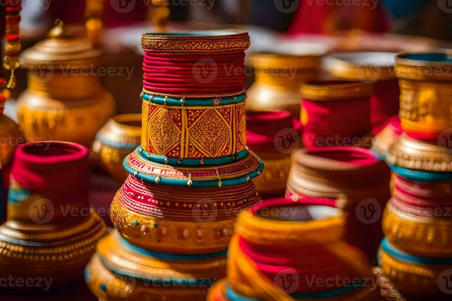 uma coleção do colorida panelas e vasos. gerado por IA foto