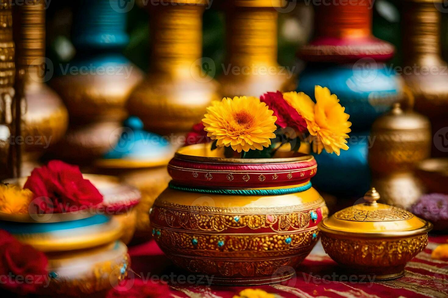 dourado vasos com flores e colorida decorações. gerado por IA foto