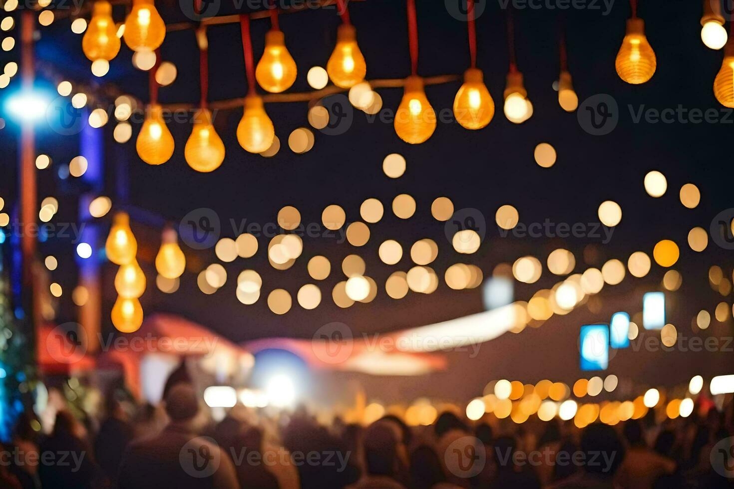 uma multidão do pessoas às noite com luzes suspensão a partir de a teto. gerado por IA foto