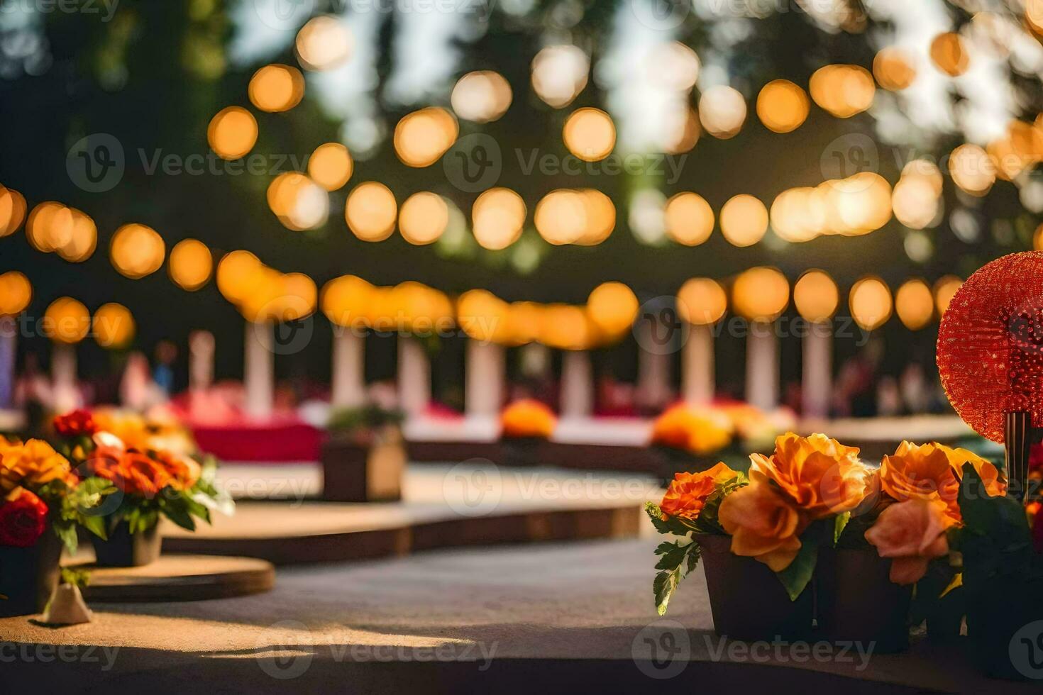 flores e velas estão arranjado em uma mesa. gerado por IA foto