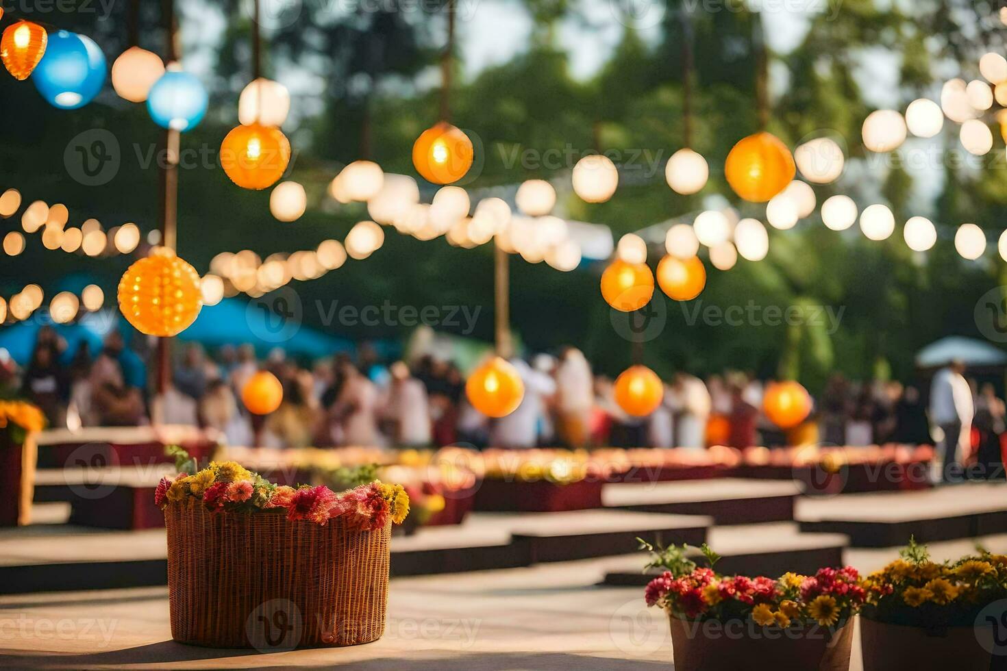 uma Casamento cerimônia com grande quantidade do flores e luzes. gerado por IA foto