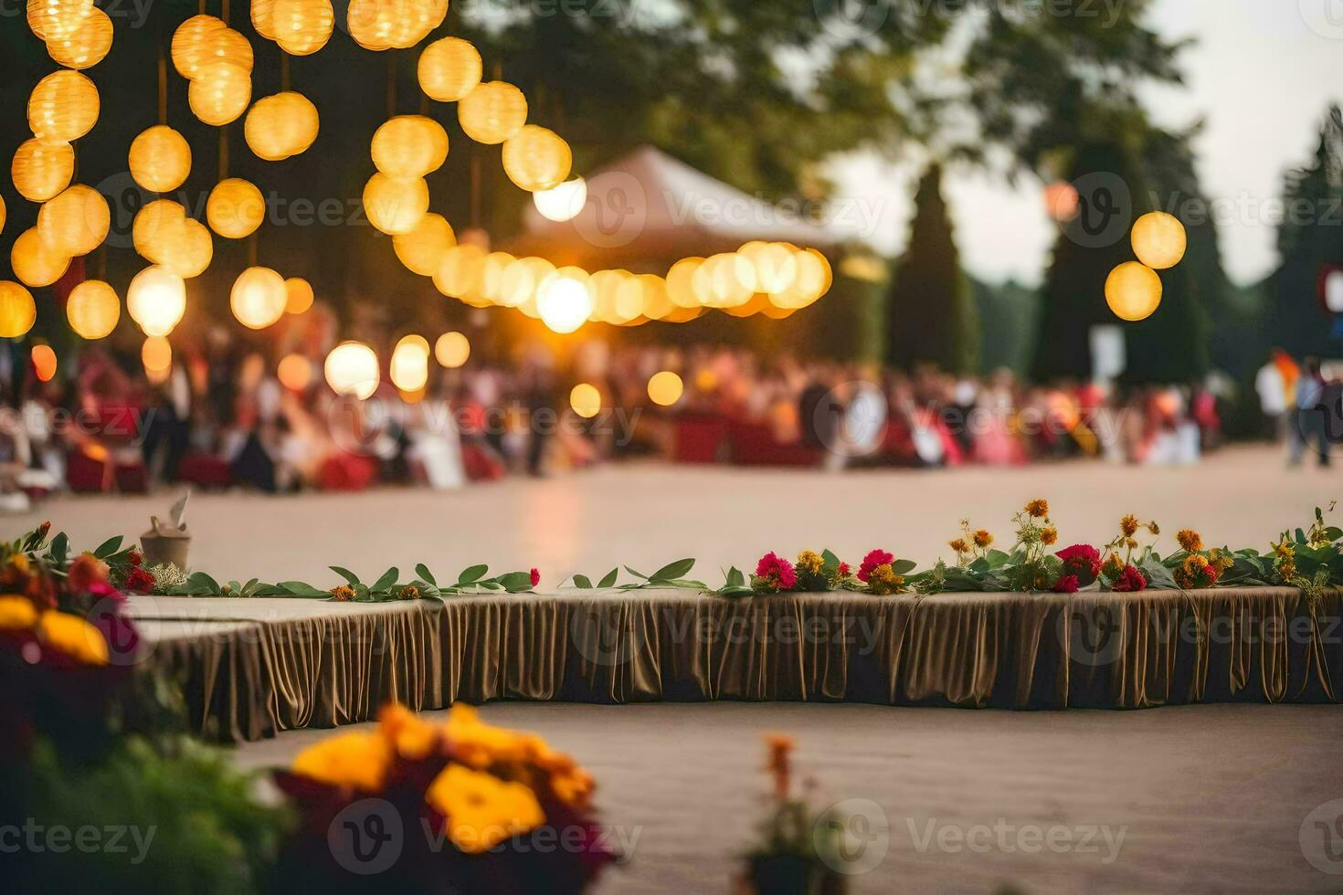 uma Casamento cerimônia com luzes e flores gerado por IA foto