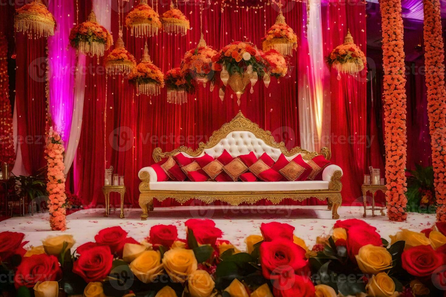 a indiano Casamento etapa decorado com vermelho e ouro flores gerado por IA foto