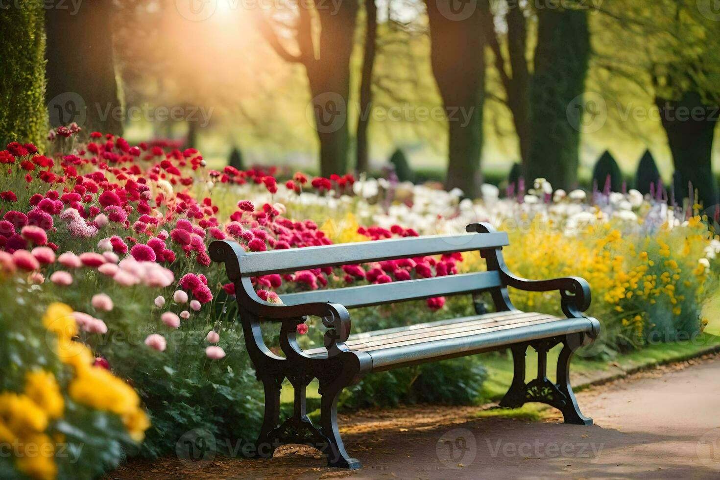 uma parque Banco dentro frente do uma jardim com flores gerado por IA foto