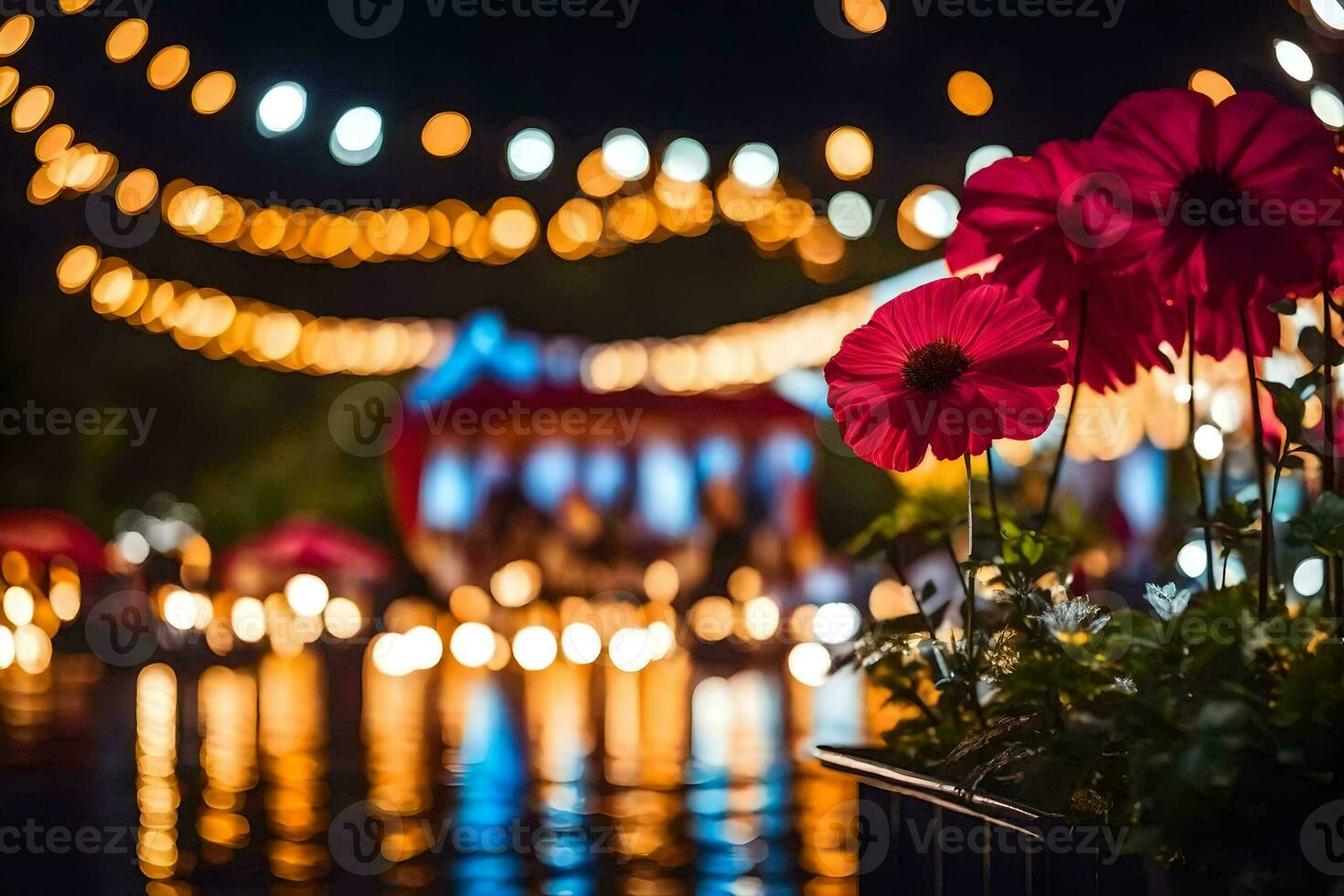 flores dentro uma vaso em a água às noite. gerado por IA foto