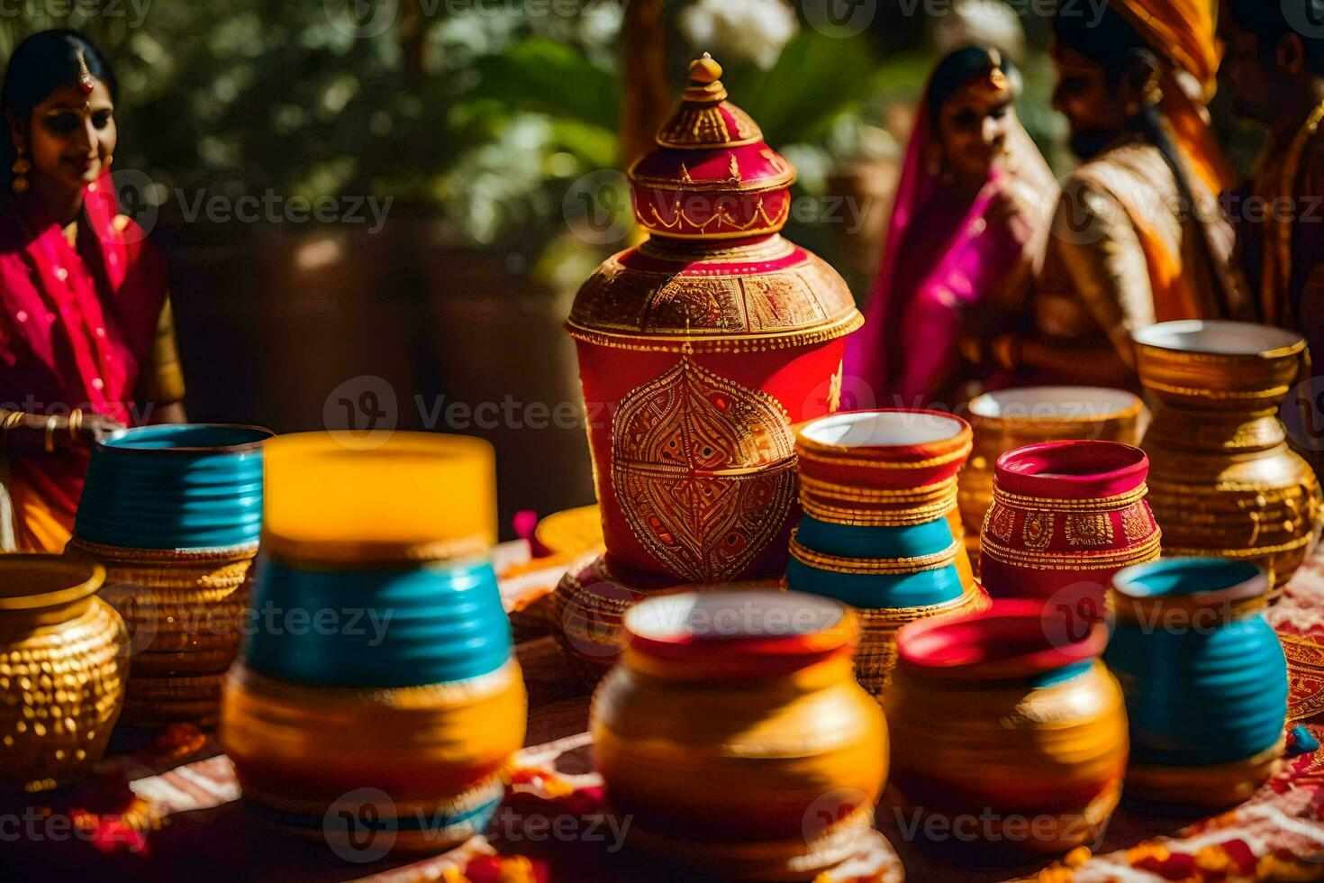 uma mesa com colorida panelas e copos em isto. gerado por IA foto